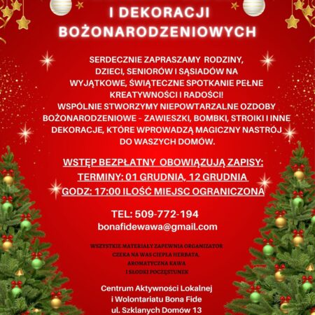 Zapraszamy w dniu 01.12. i 12.12.2025 r. o godz. 17:00 na Rodzinne Warsztaty Tworzenia Ozdób i Dekoracji Bożonarodzeniowych