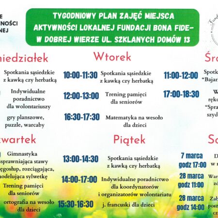 Tygodniowy Plan zajęć Fundacji BONA-FIDE