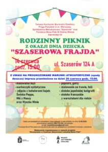 Dzień Dziecka – Rodzinny Piknik “Szaserowa Frajda” – przeniesiony na dzień 20 czerwca godz. 15:00.